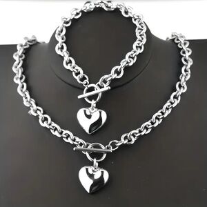 Silver Heart Charm Necklace and Bracelet Set Stainless Steel Valentine’s Day